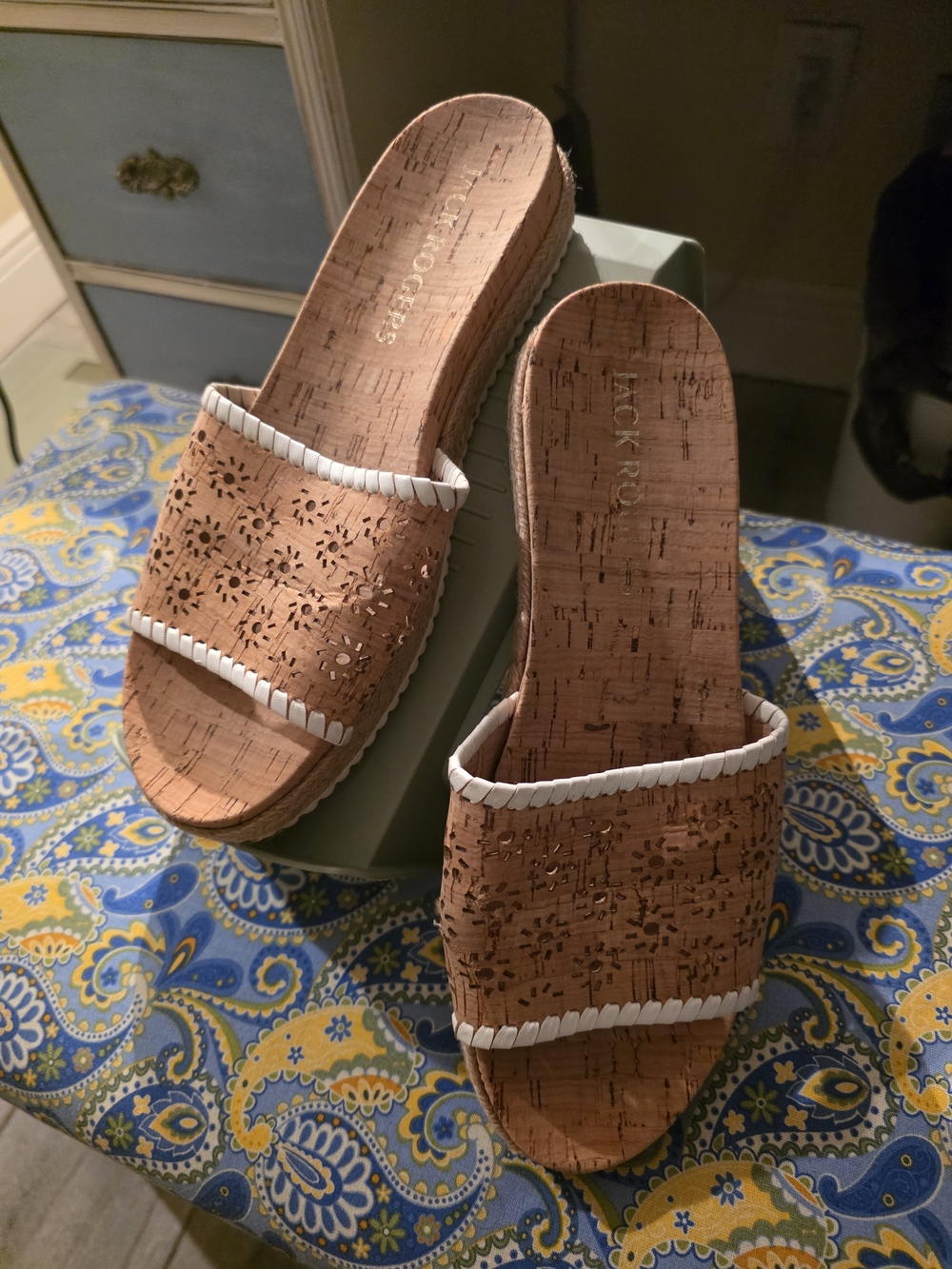Jack Rogers Cork Slide Mules in Tan with White Trim
